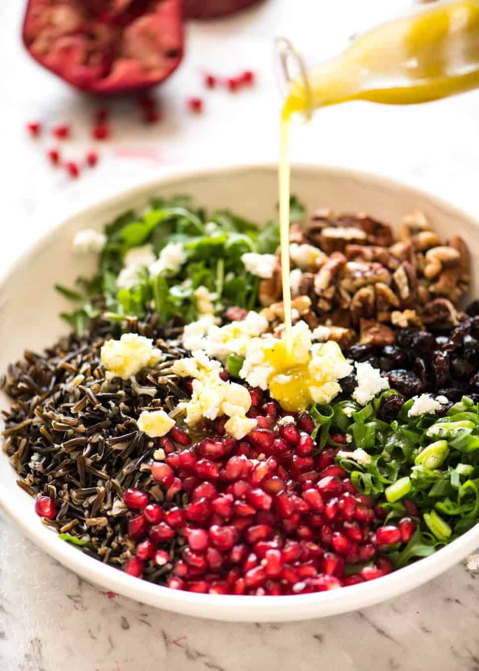 A simple white wine vinaigrette is the perfect Wild Rice Salad dressing. dev.recipetineats.com