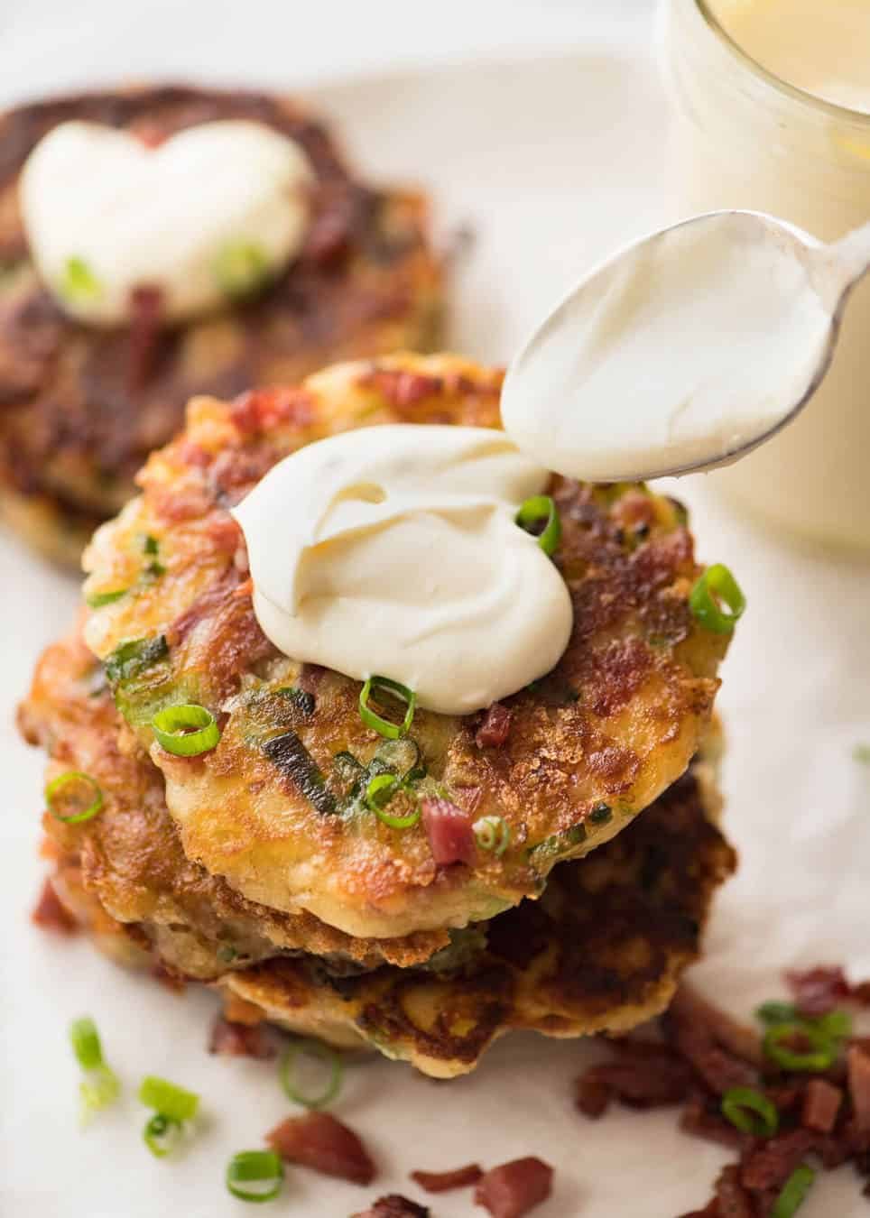 Cheese and Ham Pancakes - golden crispy cheesy outsides, fluffy insides with pops of ham (or bacon). These are epic! dev.recipetineats.com