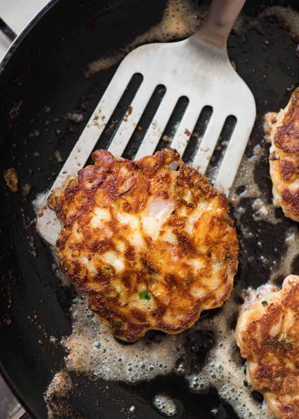 Cheese and Ham Pancakes - golden crispy cheesy outsides, fluffy insides with pops of ham (or bacon). These are epic! dev.recipetineats.com