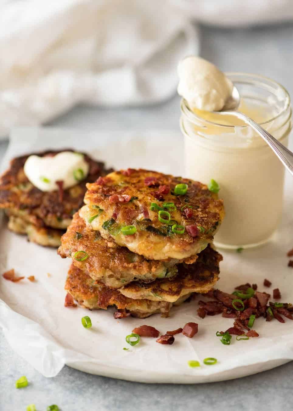 Cheese and Ham Pancakes - golden crispy cheesy outsides, fluffy insides with pops of ham (or bacon). These are epic! dev.recipetineats.com