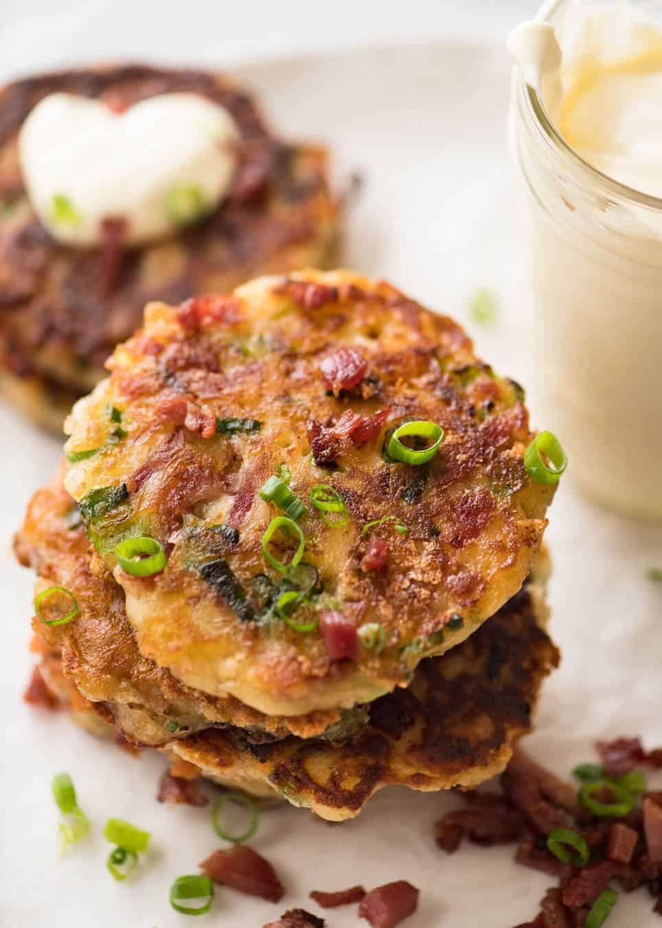 Cheese and Ham Pancakes - golden crispy cheesy outsides, fluffy insides with pops of ham (or bacon). These are epic! dev.recipetineats.com