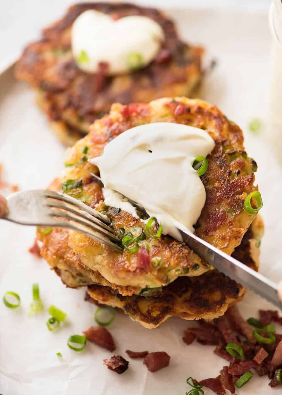 Cheese and Ham Pancakes - golden crispy cheesy outsides, fluffy insides with pops of ham (or bacon). These are epic! dev.recipetineats.com