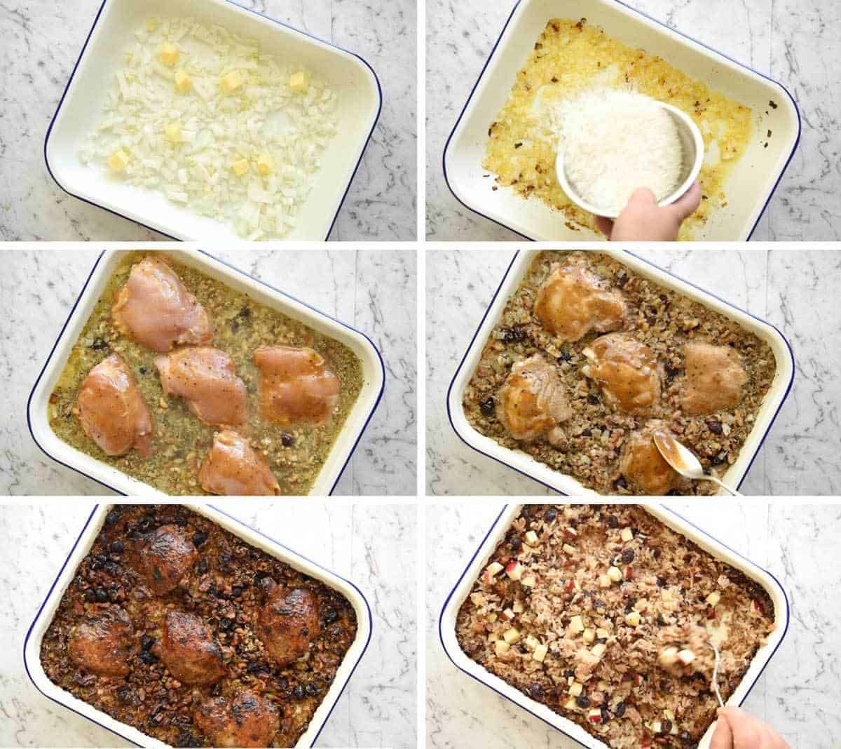 A flavour loaded one-pan, quick midweek dinner - Baked Chicken and Rice Pilaf with Cranberries, Walnuts and Apple. The smell when this is cooking is amazing! dev.recipetineats.com