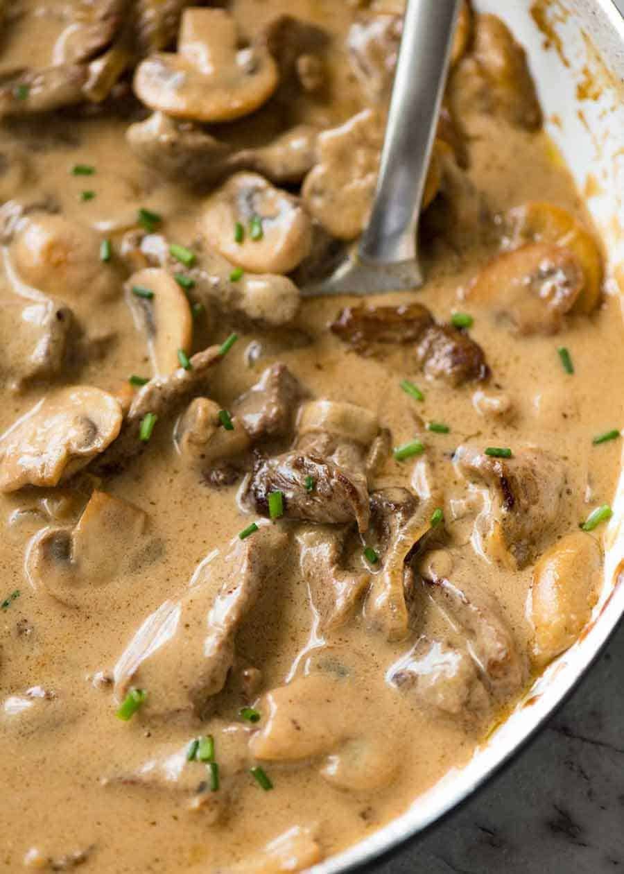 Close up of Beef Stroganoff in a skillet, fresh off the Tove
