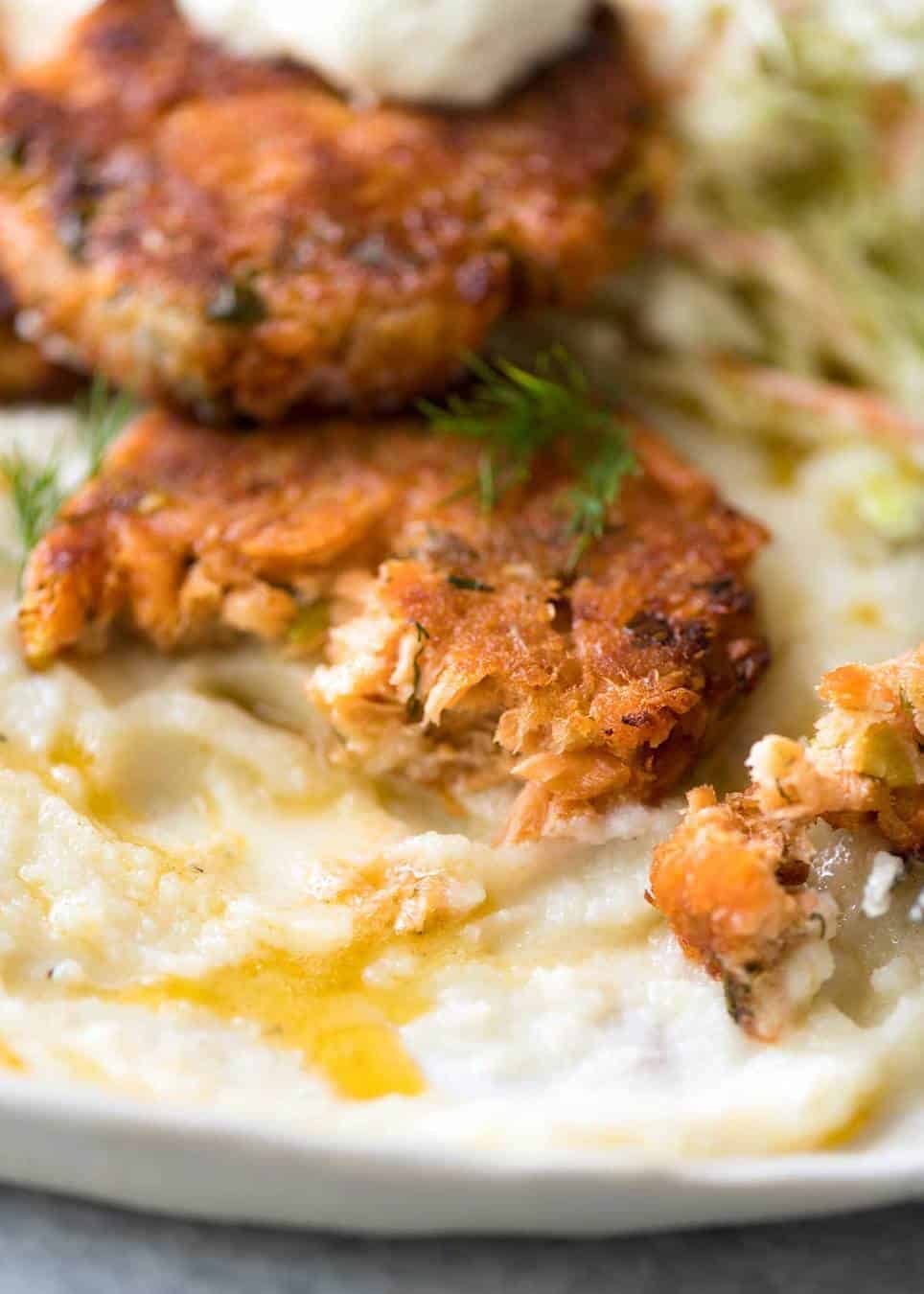 Tender insides studded with flakes of salmon, golden on the outside, these Salmon Patties are baked, not fried. Ultimate transformation of canned salmon - or use fresh! dev.recipetineats.com