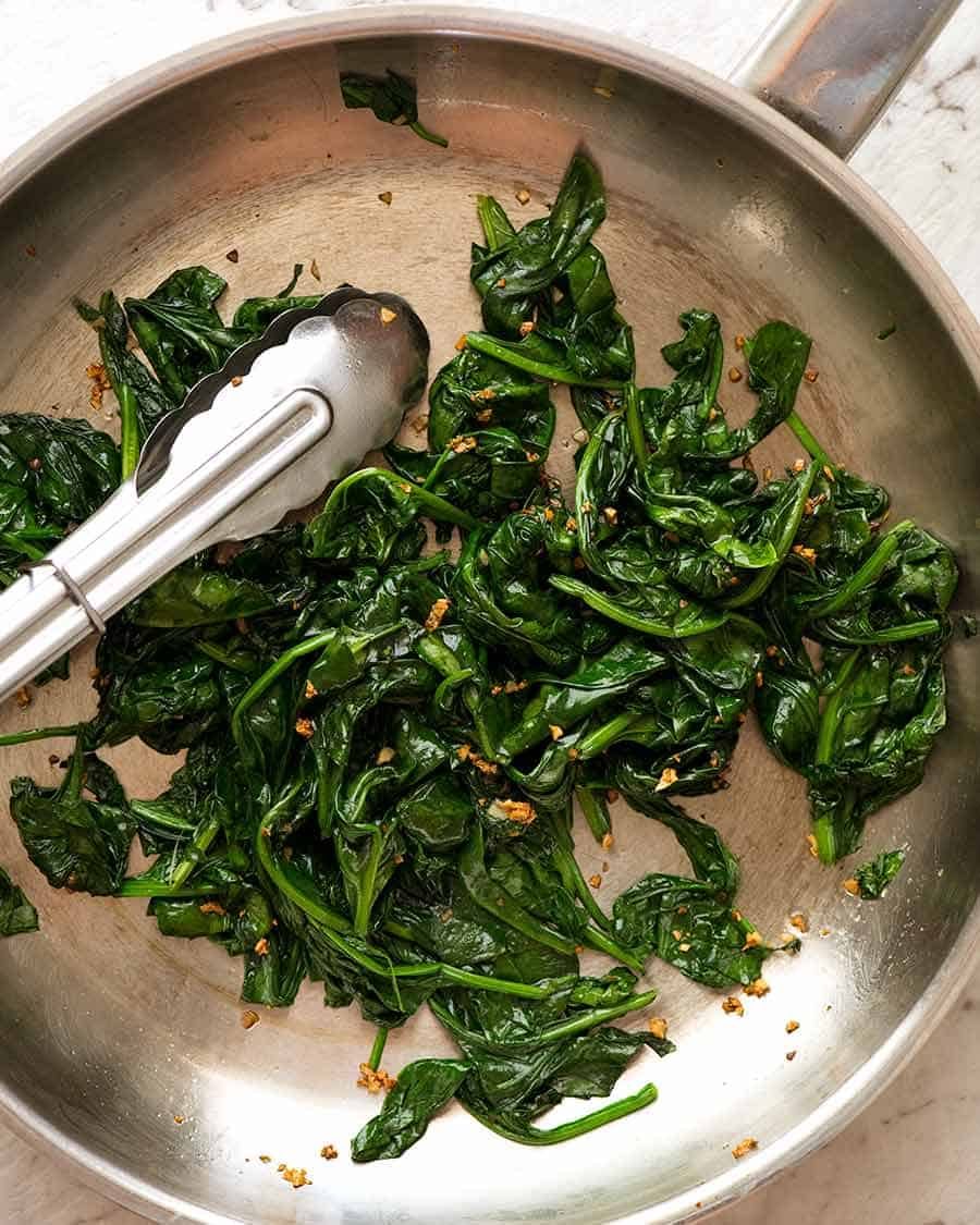 Overhead photo of Garlic Saut&eacute;ed Spinach