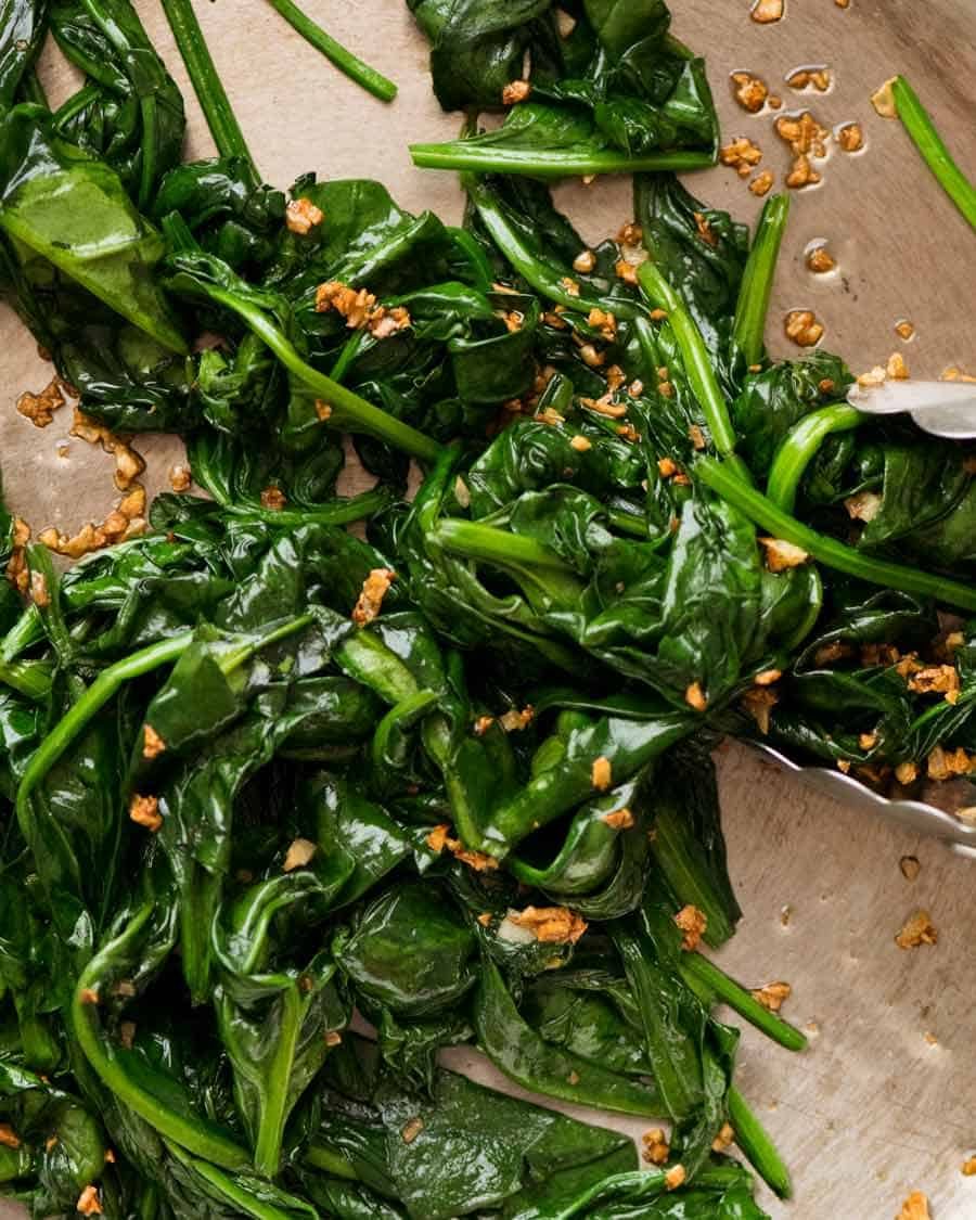 Close up of Garlic Saut&eacute;ed Spinach