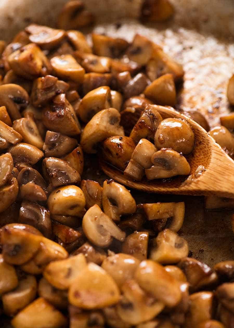 Close up of saut&eacute;ed mushrooms for Chicken Lasagna