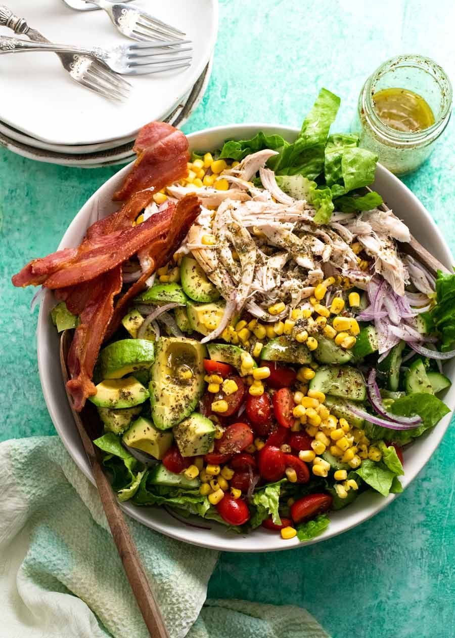 Overhead photo of Chicken salad with herb and garlic dressing ready to be served