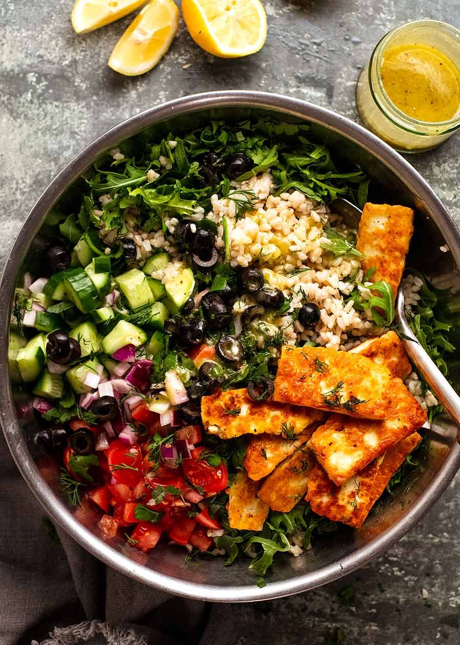 Overhead photo of Mediterranean Brown Rice Salad showing ingredients