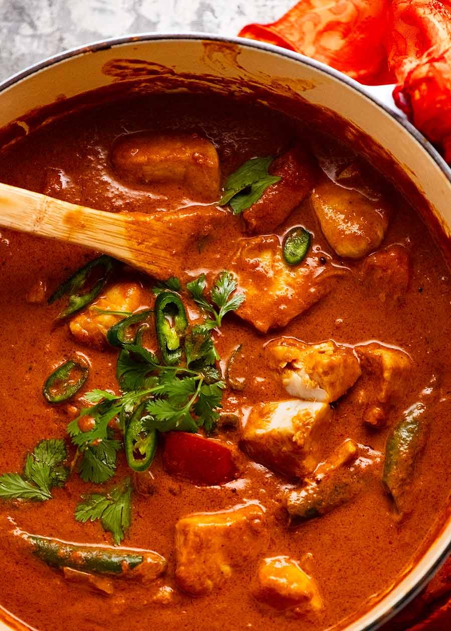 Goan Fish Curry in a pot, ready to be served