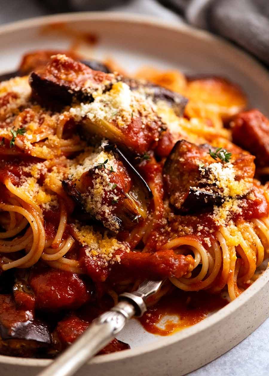 Close up of Pasta all Norma - Eggplant Pasta on a plate, ready to be eaten