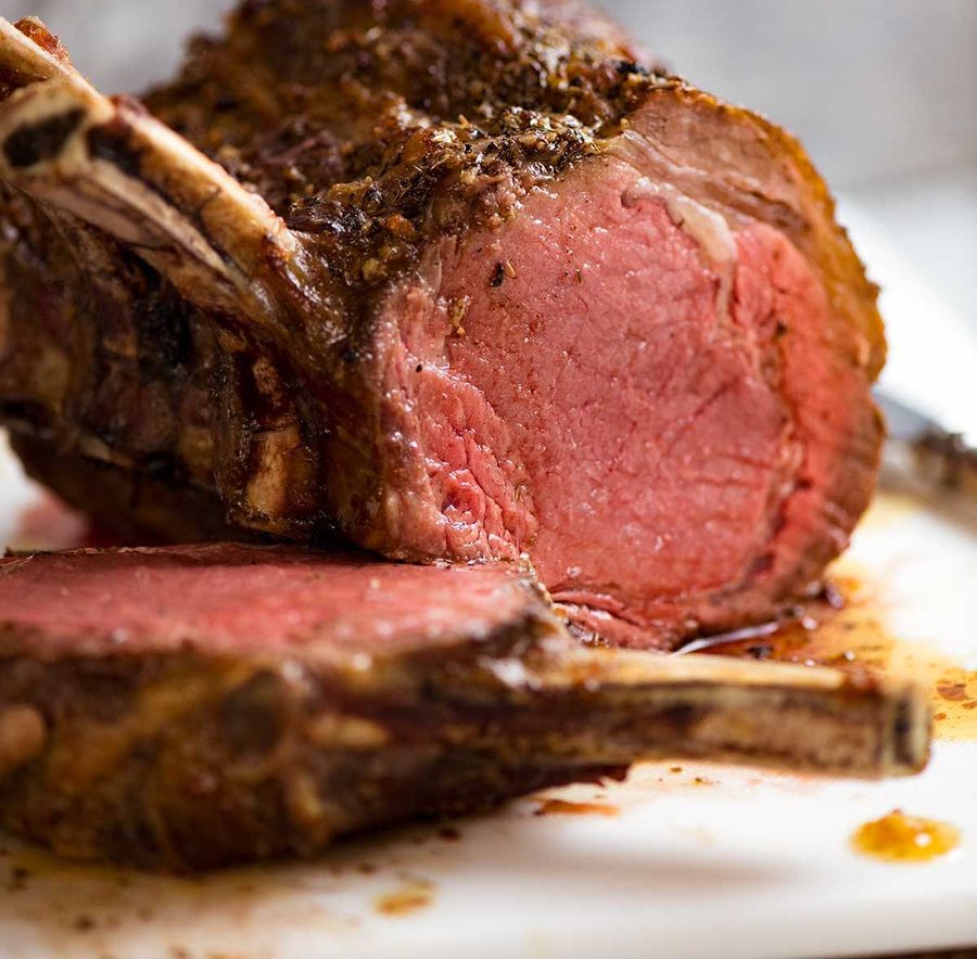 Close up of carved Standing Rib Roast ready to be served