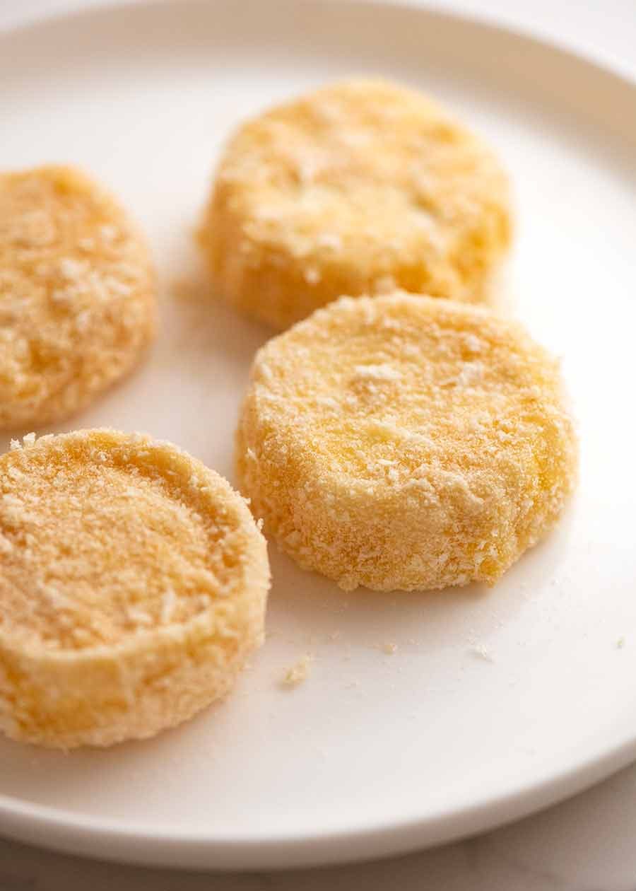 Crumbed Goat's Cheese ready to pan fry for Warm French Goat's Cheese Salad (Salade de Ch&ecirc;vre Chaud)