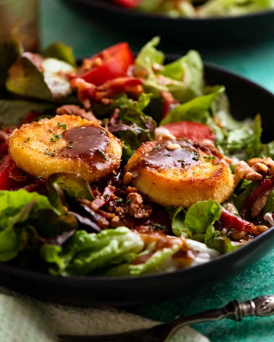 Bowl of Warm French Goat's Cheese Salad (Salade de Ch&ecirc;vre Chaud), ready to be eaten