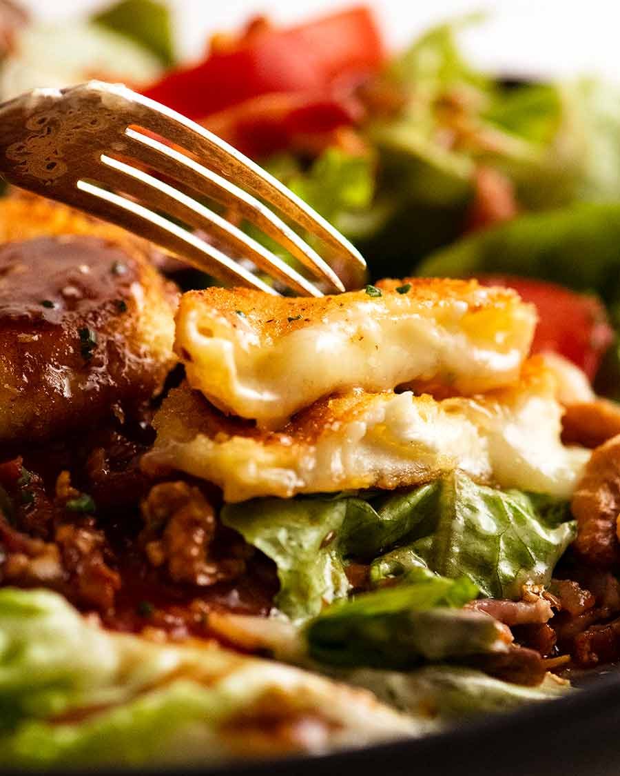 Close up showing melting inside of French Goats Cheese on Warm French Goat's Cheese Salad (Salade de Ch&ecirc;vre Chaud)