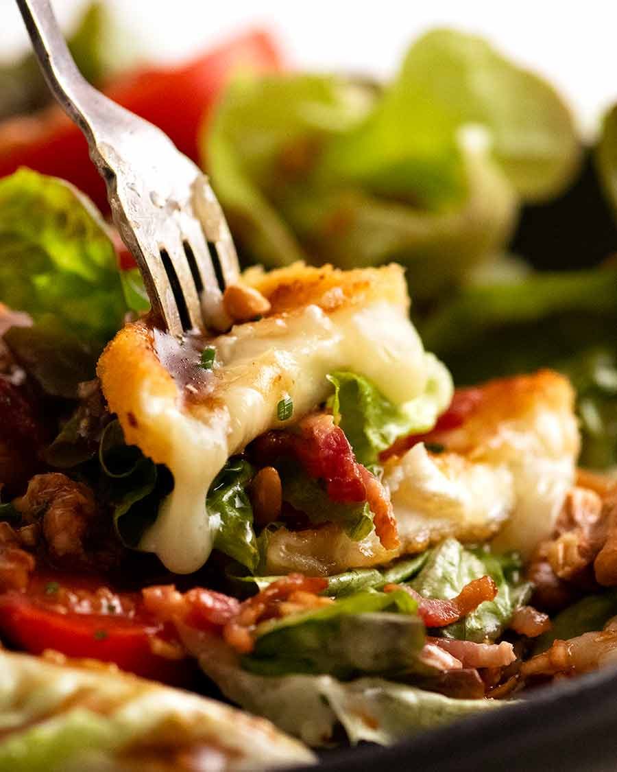 Close up photo showing melting inside of French Goats Cheese on Warm French Goat's Cheese Salad (Salade de Ch&ecirc;vre Chaud)