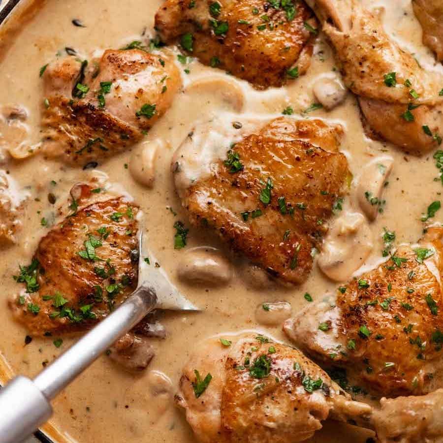 Overhead photo of Chicken Fricass&eacute;e fresh off the stove