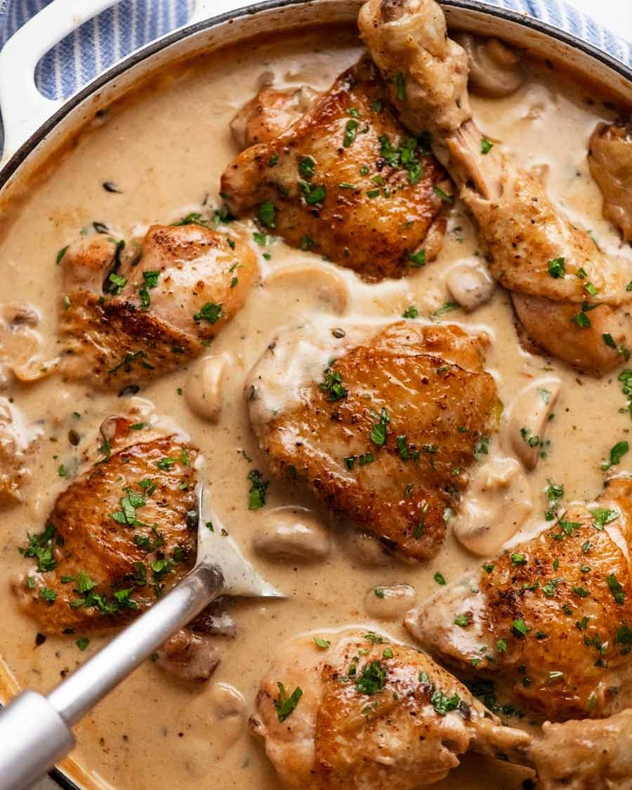 Overhead photo of Chicken Fricass&eacute;e fresh off the stove