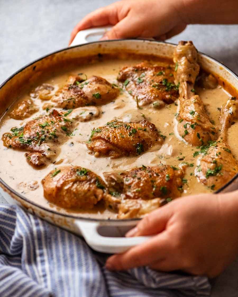 Large pot of freshly cooked Chicken Fricass&eacute;e