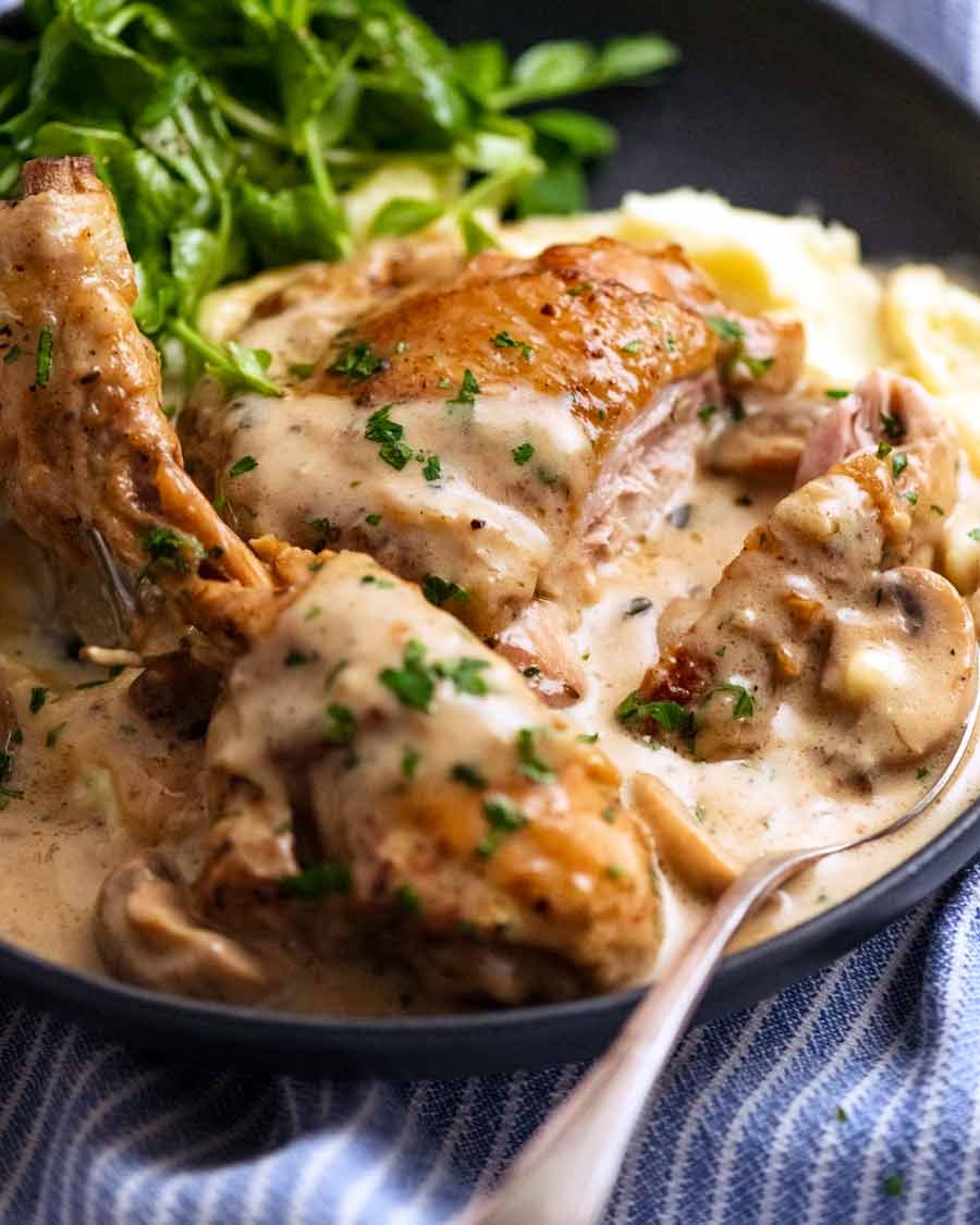 Plate of Chicken Fricass&eacute;e served over mashed potato