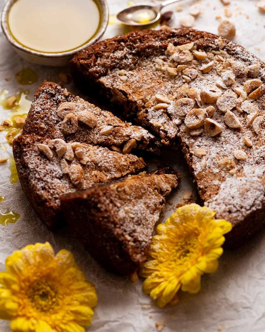 Freshly made Olive oil hazelnut cake ready to be served