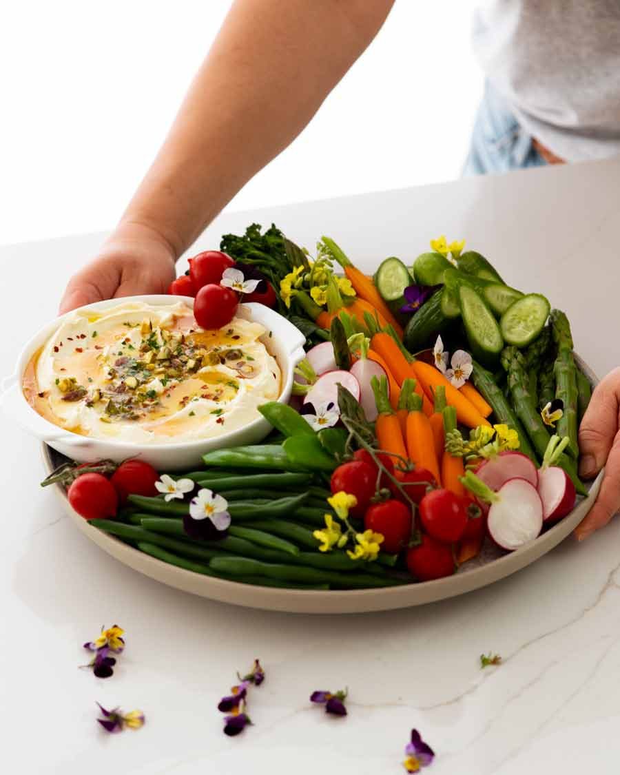 Creamy Feta Dip with crudit&eacute;s - vegetable sticks