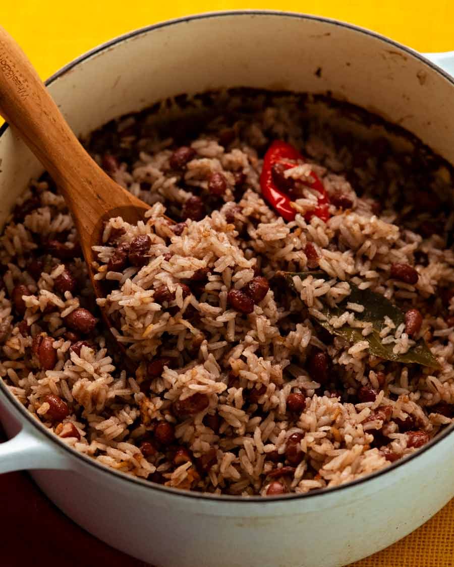Pot of freshly made Jamaican Coconut Rice and Peas (Beans)