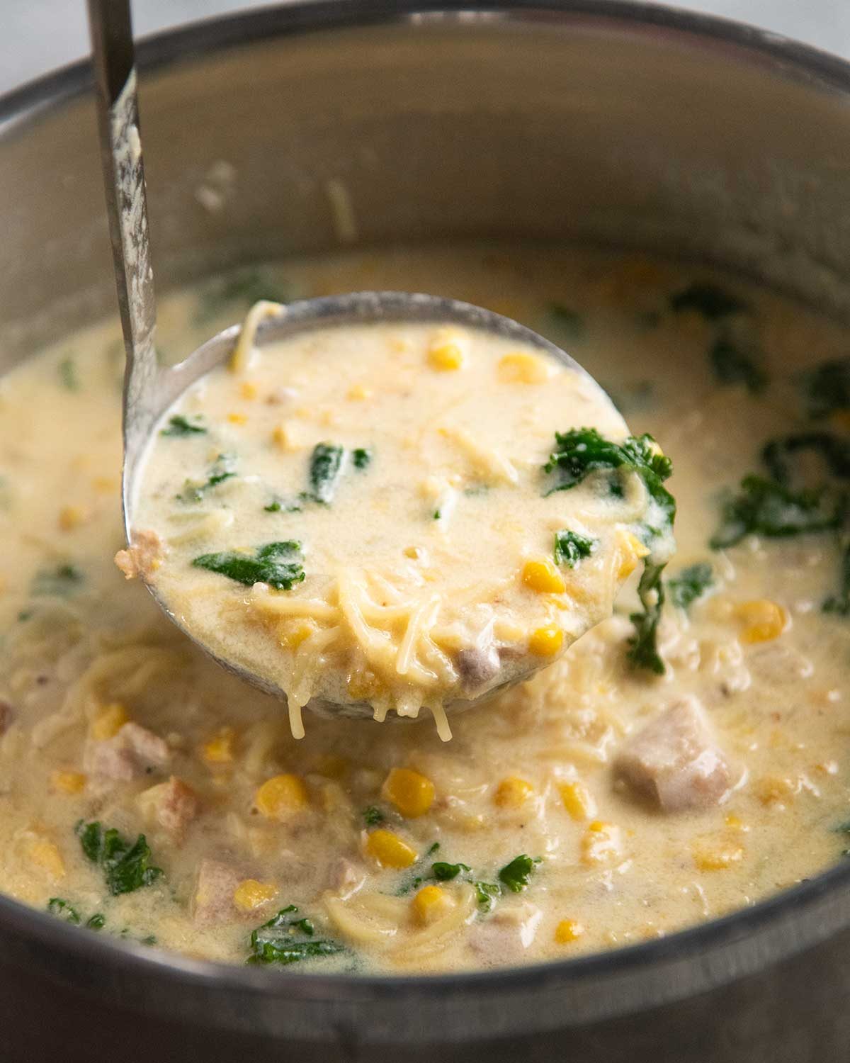 Chicken and sweet corn soup with noodles